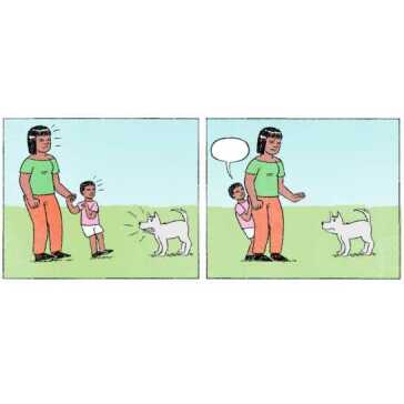 A two-panel image of a woman and a young boy confronted by an angry dog.