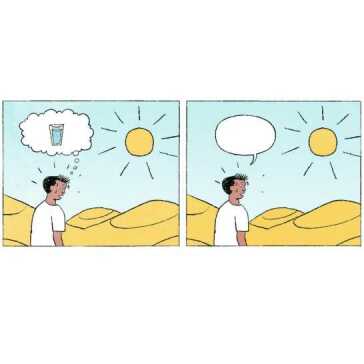 A two-panel image of a man in a desert thinking of a glass of water.