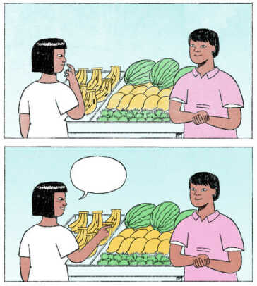 A two-panel image of a woman in front of a fruit stand speaking to a man.