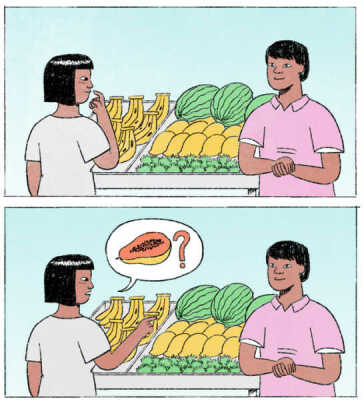 A two-panel image of a woman in front of a fruit stand asking a man for a papaya.