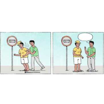 A two-panel image of a man bumping into another man at a bus stop.