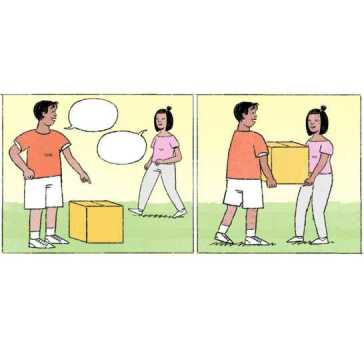 A two-panel image of a man and woman moving a box.
