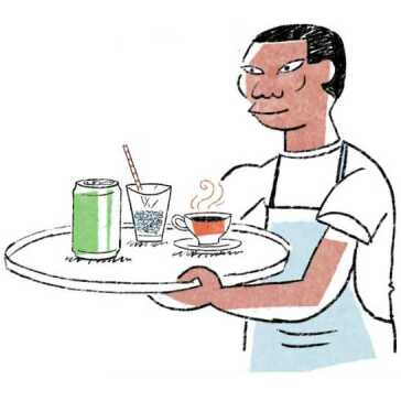 A waiter holding a tray of drinks.