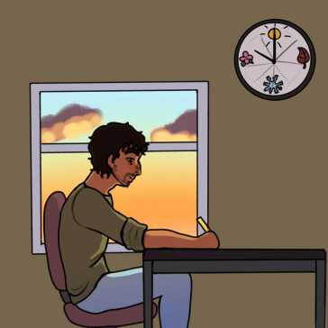 Um homem sentado numa secretária a estudar com um relógio na parede.