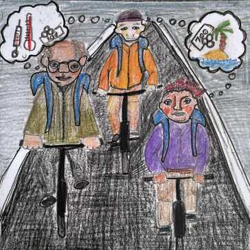 Tre persone in bicicletta che pensano alle vacanze e alla medicina.