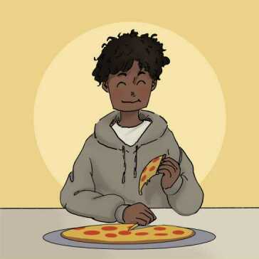 Um homem a comer uma pizza.