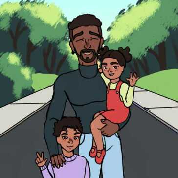 A man holding his two children.