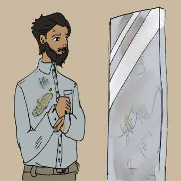 En mann som ser i et speil.