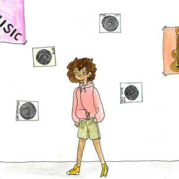 En jente som står foran musikkplakater.