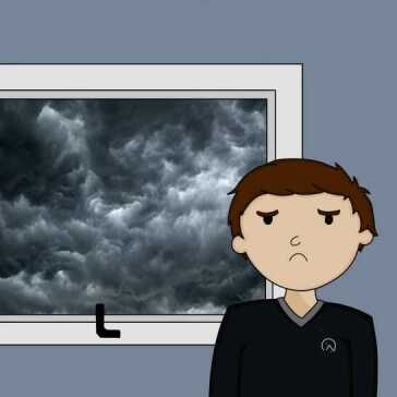 An unhappy man looking through a window at the clouds.