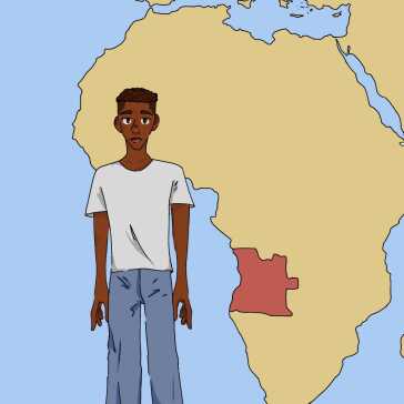 A tall boy standing in front of a map.