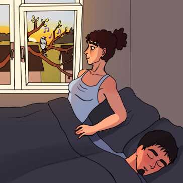 A woman sitting up in bed and a man sleeping.
