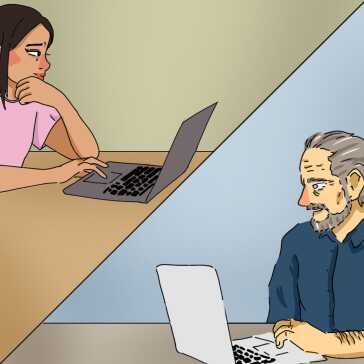 Et topanelsbilde av en mann ved en bærbar datamaskin og en kvinne med en bærbar datamaskin.