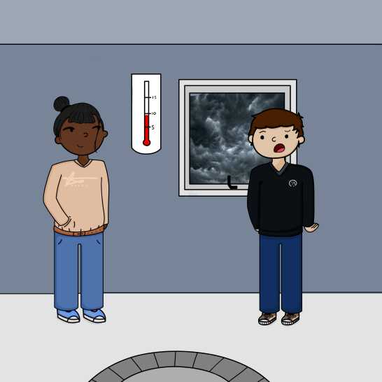 A man and woman standing in front of a window and wall thermometer.